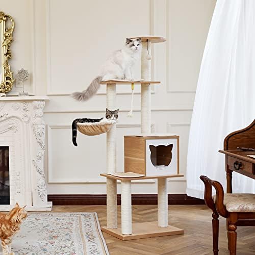 עץ חתול מעץ מודרני מגדל חתול רב-מפלסי עם סיסל לחלוטין המכסה עמדות שריטות, דירות דלוקס וקן קפסולת