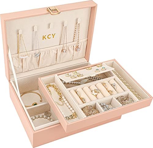 קופסת מארגן תכשיטים של KCY, מארז אחסון גדול של תכשיטי עור PU עם 2 שכבות מחזיק תצוגה ומגש נשלף לעגילים