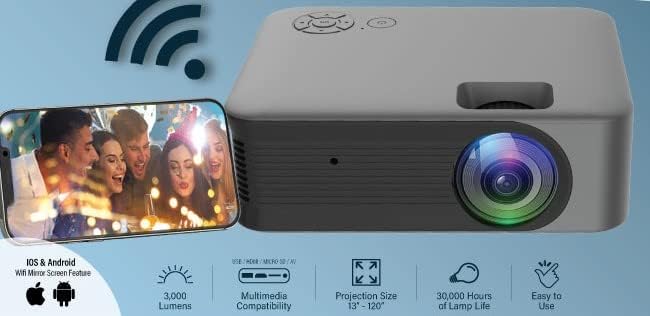 Gabba מוצרי WiFi מקרן חכם תומך עד 1080p שחקנים עם מתנת WiFi או HDMI לילדים, מקרן טלפון לקולנוע
