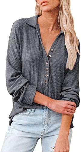 נשים חולצה רופפת סרוגות שרוול ארוך צבע אחיד שרוול ארוך חצי עליון כפתור עליון חולצה מורה שרוול ארוך