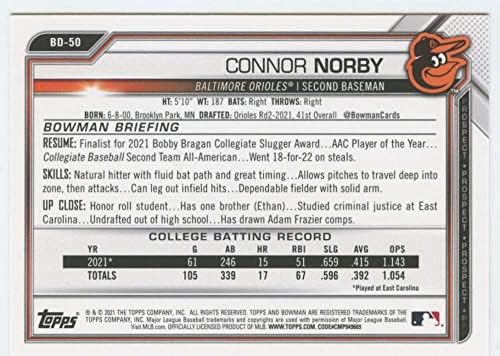 2021 דראפט Bowman BD-50 CONNOR NORBY RC טירון בולטימור אוריולס MLB כרטיס מסחר בייסבול