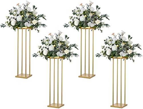 חבילה של 4 גיאומטרי זהב מתכת פרח סטנד לחתונה מרכזי שולחן דקור, 31.5 סנטימטרים רצפת אגרטל עמודת לחתונה מסיבת