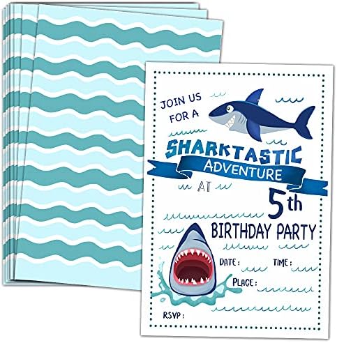 הזמנות למסיבת יום הולדת 5 של Ukebobo עם מעטפות-הזמנות למסיבת יום הולדת של כריש, קישוטים למסיבות