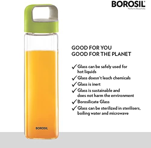 בקבוק מים מזכוכית בורוסיל ניאו עם ידית ירוקה, למקרר ולמשרד, 550 מיליליטר
