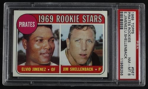 1969 Topps 567 Out Pirates Rookies Elvio Jimenez / Jim Shellenback Pittsburgh Pirates PSA PSA 8.00 שודדי