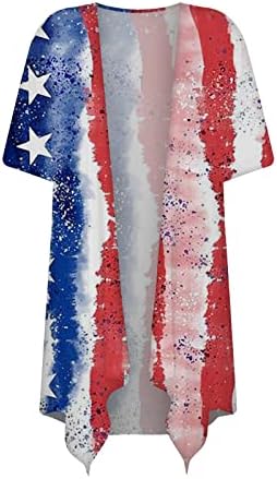 שרוול נפיחות פרחוני נשים שרוול קימונו קרדיגן רופף כיסוי חולצה מזדמן חולצה 4 ביולי הדפסת דגל אמריקה