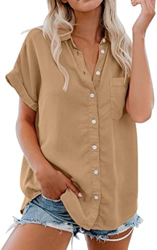 חולצות אופנה נשים גודל פלוס כפתור למטה חולצה חולצה כפתור כיס שרוול קצר טי צמרות פופולריות מזדמנות נשים