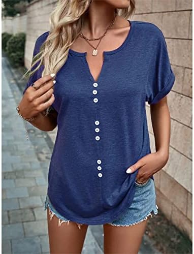 חולצות T לנשים קיץ אופנתי צבע אחיד שרוול קצר שרוול V-צווארון כפתור כפתור חולצות חולצות כותנה נוחות חולצות חולצות
