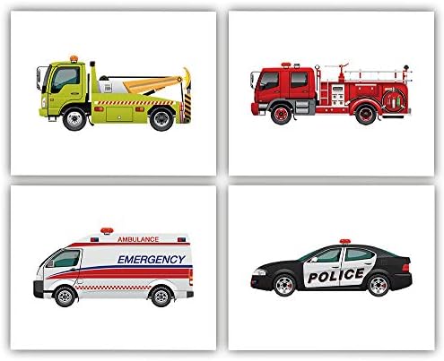 תחבורה רכב השראה ציטוט אמנות ציור סט של 4, משאיות משטרת רכב אש משאית הצלת כלי רכב קיר אמנות הדפסת פוסטר עבור