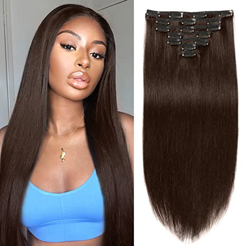 קליפ בתוספות שיער אמיתי שיער טבעי לנשים שחורות 20 אינץ 2 כהה חום צבע ישר רמי שיער טבעי הרחבות