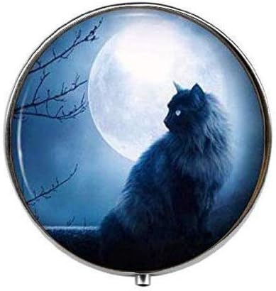 ירח מלא שחור חתול - אמנות תמונה גלולת תיבה - קסם גלולת תיבה - זכוכית סוכריות תיבה