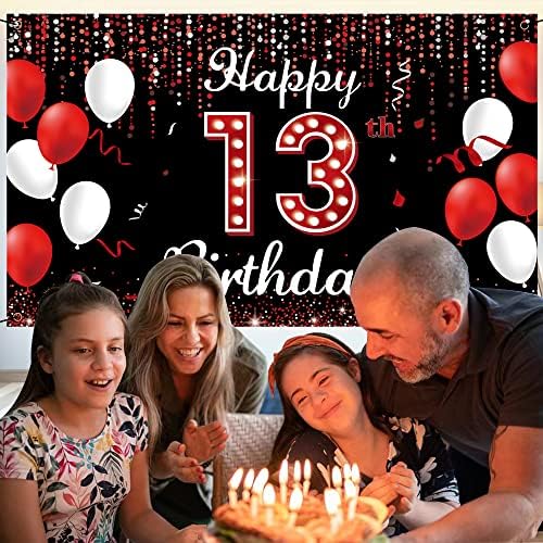 באנר תפאורת יום הולדת 13, קישוטים ליום הולדת 13 מאושרים לבנות, אדום שחור שחור בן 13 יום הולדת בן 13 אבזרי תאי צילום,