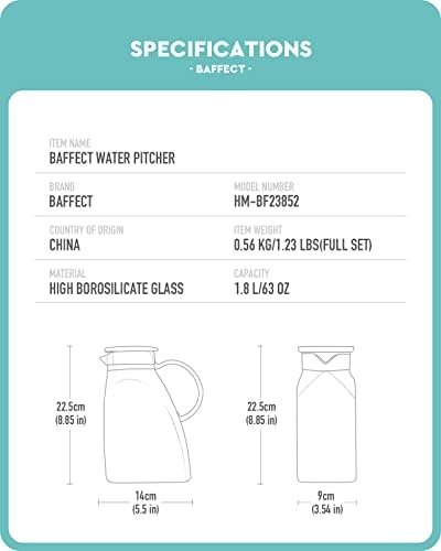 קנקן מים BAFFECT, כד זכוכית בורוסיליקט גבוה עם מכסה נירוסטה, דלת מקרר דלת דליפה למשקה חם או קר