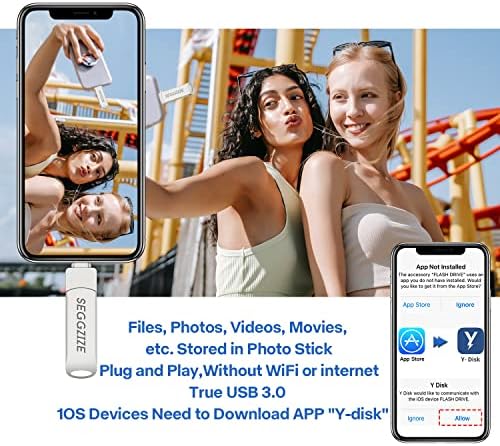 Seggzize 64GB כונן פלאש אייפון, מקל תמונות למקל זיכרון אייפון שמור תמונות וסרטונים, כונן הבזק USB לאייפון תואם