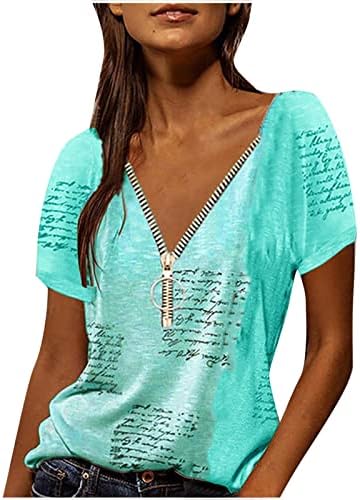 נשים שורשיות פלוס חולצות טרנדיות בגודל עמוק v צוואר Zip קדמי טוניקה צמרות מכתב מודפסים חולצות
