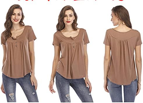 נשים של מוצק צבע קיץ קצר שרוול צוואר חולצה טוניקת חולצות חולצה חולצות טאק כפתור רופף חולצה למעלה