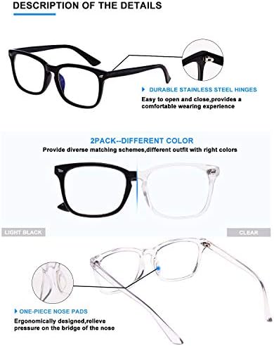 כחול אור חסימת משקפיים לנשים / גברים, אנטי לחץ בעיניים כיכר ברור עדשת מחשב משקפיים, 2 חבילה