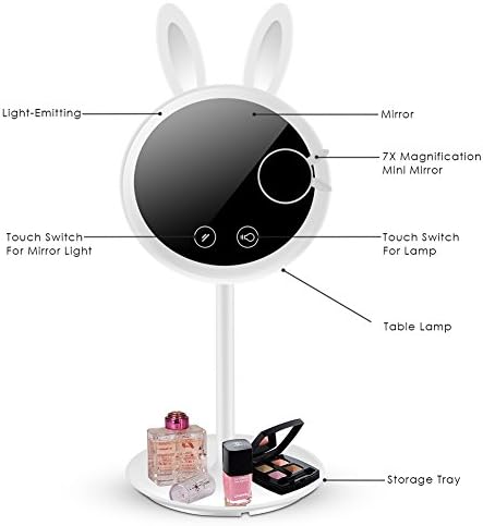 מנורת מראה איפור, 2 ב-1 מראה איפור נסיעות מתקפלת יפה בצורת ארנב עם מנורת שולחן,עמעום מסך מגע, מראה נקודה מגנטית
