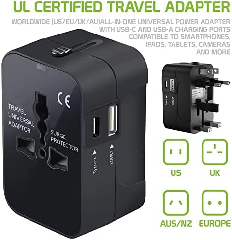 Travel USB פלוס מתאם כוח בינלאומי התואם ל- LG Aspire לכוח עולמי לשלושה מכשירים USB Typec, USB-A לנסוע