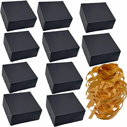 סט של 10 קופסאות מתנה שחורות עם סרטי סאטן מזהב. איכות 8 איקס 8 איקס 4 קרטון מט עם סרטים ארוכים עבור מתנות לטובת