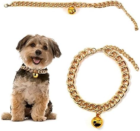 צווארון כלבים של חתול זהב רובבה עם פעמון, צווארון כלב חמוד מחמד שרשרת זהב בולדוג קל