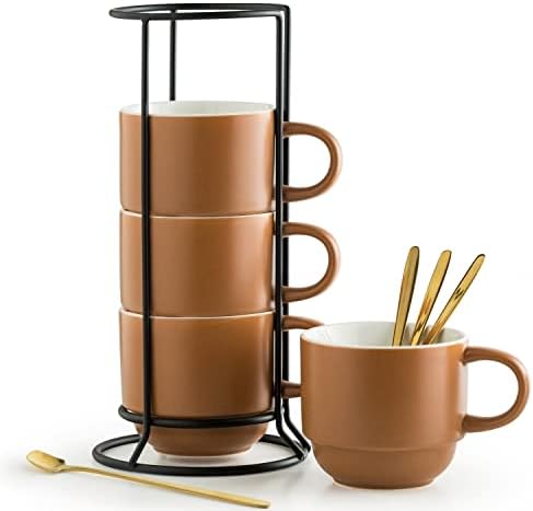 יחוסון סט ספל קפה 11 עוז ספל פורצלן הניתן לגיבוב עם מעמד וכפית מתכת-כוסות תה כוסות דמיטאס למשקאות, אספרסו, לאטה