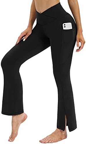 מכנסי יוגה של Chrleisure לנשים עם כיסים, מכנסי עבודה של חותלות התלקחות קרוסאובר