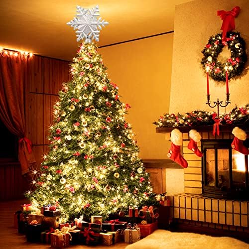 עץ חג המולד של Hohotime טופר פתית שלג מוארת עם LED מסתובב אורות מקרן פתית שלג, תלת מימד גליטר חלול עץ כוכב