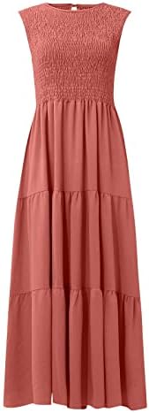 שמלות חמודות לנשים בוהו בצבע מוצק Sundress Vintage Smocked שמלת מקסי ארוכה