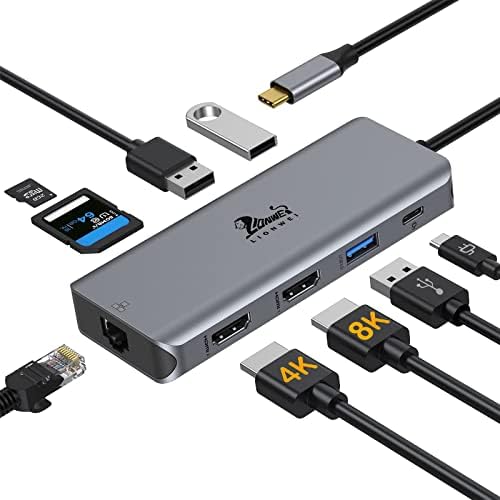 רכזת USB C לתחנת עגינה כפולה HDMI עם יציאת אתרנט, מתאם USB C צג כפול עם 2 HDMI, 100W PD, 3 קורא כרטיסי