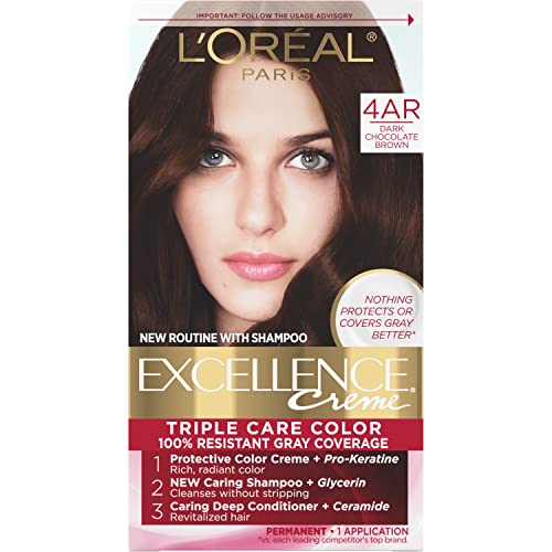 לוריאל פריז אקסלנס קרם צבע שיער קבוע לטיפול משולש, חום שוקולד מריר 4, כיסוי אפור עד 8 שבועות, כל סוגי השיער,