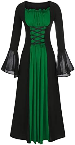 נשים גותי שמלת תחרה עד רשת פעמון שרוול שמלה לנשים מימי הביניים מכשפה תלבושות בציר ארוך שמלה