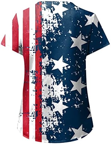 4 ביולי חולצות טריקו לנשים דגל אמריקאי קיץ חולצת טי עם שרוול קצר עם 2 כיסים חולצות בגדי עבודה מזדמנים לחג