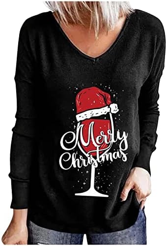 החג שמח חולצות לנשים שרוול ארוך קרוע אדום יין זכוכית גרפי טי חולצות מקרית אימון צוואר חולצות
