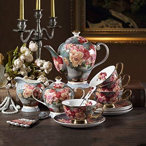 סט כוס תה של חרסינה קרמיקה סט תה קרמיקה סט כוס קפה פרחים אירופיים סט רוזה אדומה לשימוש ביתי מתנה לחתונה ושרתים