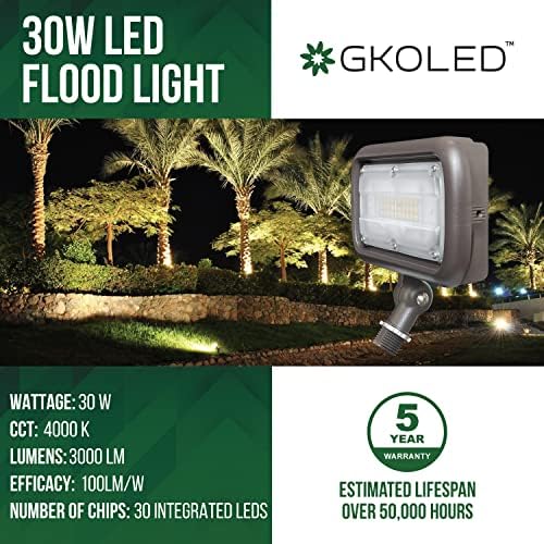 GKOLED 30W LED Floodlight, מתקן אבטחה חיצוני, אטום למים, 100 וואט PSMH החלף, 3000 לומן, 4000 אלף לבן קריר,