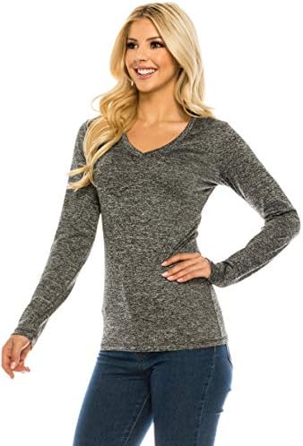חולצת טי אימון של אשה Reneseille - שרוול ארוך v צוואר רזה מתאים למתיחה ספורטיבית פעילה ספורטיבית ספורט בסיסי