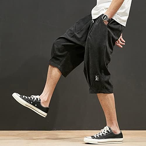 פשתן רחבים של Ubst גברים 3/4 מכנסיים מכנסיים קצרים ספורט רץ אימונים קיץ עם כיסים מכנסיים מותניים