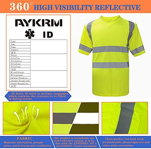 Aykrm hi vis vis חולצת Ansi Class 3 V צוואר בטיחות רפלקטיבית חולצות נראות גבוהה