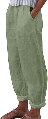 מכנסי הליכה של קפרי נשים מכנסיים כותנה כותנה יבול יבול רופף צבע טהור ומכנסיים הרם פשתן אלסטי בכיס