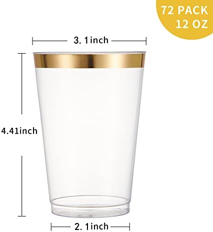 9 ר 72 מארז כוסות פלסטיק מזהב, כוסות פלסטיק שקופות 12 עוז עם שפת זהב, כוסות חד פעמיות מושלמות למסיבות,