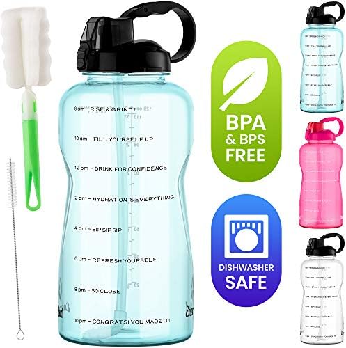 בקבוק מים אנרגטי 1 ליטר עם קש נשלף וידית על מדיח כלים בטוח BPS & BPA ו- DEHP בחינם +2 מברשות ניקוי בקבוק מים גדול/גדול