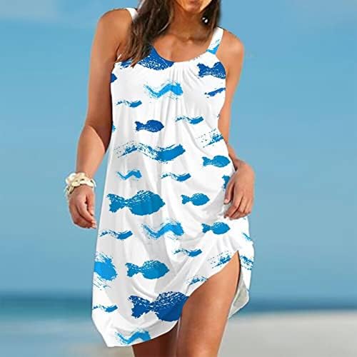 שמלת קיץ של GDJGTA לנשים שמלת אפוד דפוס מצוירת ללא שרוולים שמלת גוד בוהו רצועות חוף מזדמנים