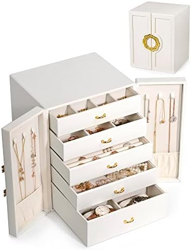 קופסאות תכשיטים Qyinxiu ומארגנים ， ארגזי תכשיטים גדולים מארגנים עם 5 מגירות שרשרת טבעת עגיל
