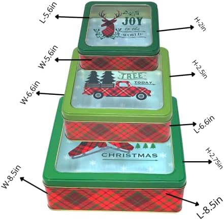 עיצובים שזיפים 3 קופסאות פח מקוננות-קופסת מתכת פח עוגיות, סט של 3 קופסאות אחסון ממתכת עם חלון שקוף, קופסת