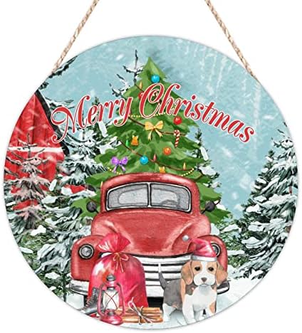 Bestorlove שלט ברוך הבא דלת כניסה חג שמח משאית אדומה עם עץ עץ עץ שלטי עץ עגול בולדוג צרפתי שלט קיר