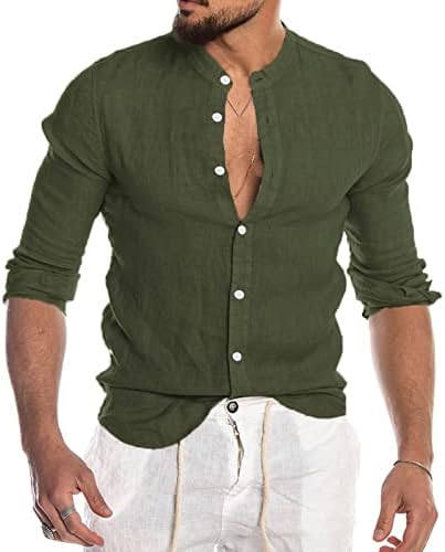 חולצות פשתן כותנה של ZDDO לגברים, סתיו בקיץ סתיו ארוך שרוול קל משקל מטה בחולצה מזדמנת ללא צווארון צמרות חוף