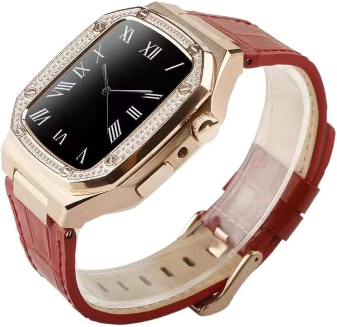 רצועת שעון עור Trdybsk+כיסוי ל- Apple Watch 44 ממ 45 ממ מארז יהלום מתכת נירוסטה לנירוסטה עבור