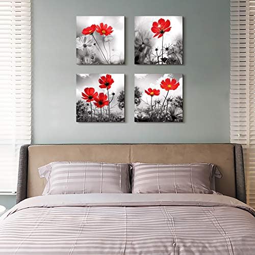 אמנות קיר 4 פנל נושא סלון מודרני צמח שחור לבן צמח פרח אדום פרח מופשט ציור דומם חיים בד קיר קיר לעיצוב הבית פרח