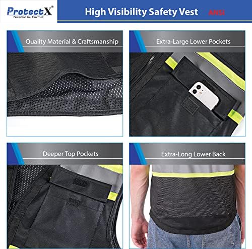 ProtectX 6 כיסים נראות גבוהה ואפוד בטיחות קדמית עם רצועות רפלקטיביות, ANSI/ISEA מוסמך Class 2
